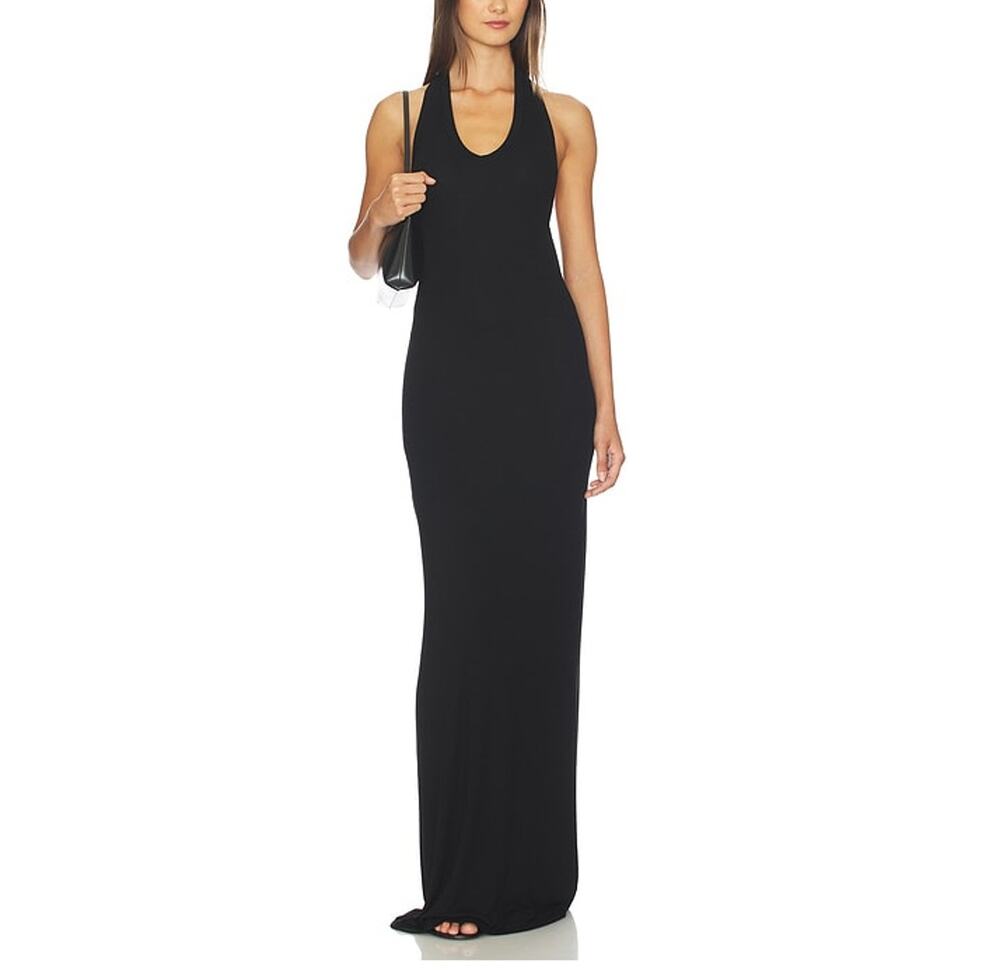 Enza Costa Ribbed Black U-Neck Halter Maxi Dress Size M